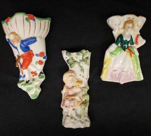 lot 26 image: VIntage Hand Painted Porcelain Wall Pocket Vases with Victorian LadyChildren Designs - Larges is 6.75in T x 4in W x 2in D