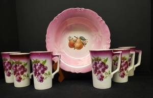 lot 27 image: Vintage Dresden PorcelainChina CoffeeTeaChocolate Set Handled Mugs with Grape Transfer Design & Ombre Tops 4.75in T - Set of 6, and Lustre Pink Porcelain Fruit Bowl with Pear Transfer & Embellished Edge - 9.25in W x 2.5in T