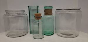 lot 29 image: Vintage Green & Clear Glass Canisters & Storage Jars - 1 with Cork Lid - Largest is 7.5in W x 8in T