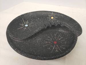 lot 30 image: Vintage 1960s Starburst Design Ceramic Ashtray 10.75in L x 8.75in W, Bakelite Tortise Shell Style Lidded Dresser Jar 3in T x 2.75in W, Mini Glass Fishbowl, Glass Pasta Keeper, and Oleg Cassini Kiss & Tell Mustache Bottle Stopper in Box