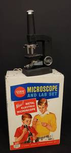 lot 31 image: Vintage Gilbert Microscope and Lab Set #132046 - includes Microscope only -  in Original Tin LIthograph Case