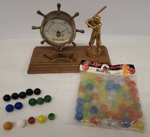 lot 35 image: Vintage Glass Marbles and 1957 USARADCOM Baseball Trophy with attached Brass Ship Wheel Barameter - 8in L x 3.52in W x 5.5in T