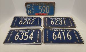 lot 37 image: Vintage 1967 & 1976 Kansas Truck & Trailer Metal License Plates - 5 Total