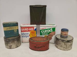 lot 38 image: Vintage Tins WWII M5 Kit Ointment Tube Case, Curad, Bandaid, Mericks Boric Acid, Mellomints, Meyers Brothers Oxalic Acid, & 2 1940s Film Canisters