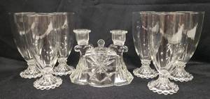 lot 40 image: Set of 6 Vintage 1950s Anchor Hocking BerwickCandlewickBoopie - Footed Ice TeaParfait Glasses - 7in T, and Vintage Anchor Hocking Early American PrescutStar of David Double Candle Stick Holder 7in W x 5.5in T