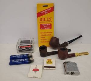 lot 41 image: 3 Vintage Pipes Aaloborg Handmande in Denmark, Yello-bole Imperial Imported Briar, & Emperor Imported Briar, and Ronson Flip Top Lighter, Match boxes, Square Glass Match Holder, & Pipe Cleaners