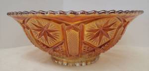 lot 45 image: Vintage Imperial Marigold Carnival Glass Star & File Pattern Footed Bowl with Sawtooth Edge - 7.25in W x 2.75in T