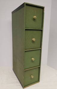 lot 51 image: Vintage Canvas Covered 4 Drawer Storage Tower - 6.5in W x 11.5in D x 25in T