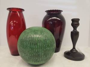 lot 52 image: Vintage Ruby Glass Vases - 9in T, Turned Wood Candlestick, and Verdi Ribbed Metal Decor Orb