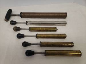 lot 55 image: 6 Vintage Brass & Stainless Steel Hand Air Pumps with Wood Handles - Largest is 13in L