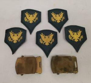 lot 61 image: Vintage 1950s U S Army Accessories Solid Brass Belt Buckles - Lot of 2 - 2.5in L x 1.75in W, and Set of 5 Specialist Rank E-4 Gold Eagle Insignia Uniform Patches - 2in W x 3in T