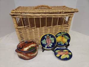 lot 63 image: Vintage Art Pottery 3 Capri Shop Fruit Wall Hanger Plates, Hand Painted Bean Pot, and Vintage Lidded Woven Wicker Storage Basket - 17in W x 10.5in D x 11.5in T