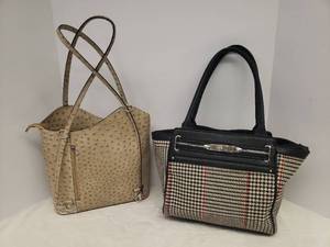 lot 64 image: Vintage Ostrich Embossed Design Genuine Leather Borse In Pelle Double Strap Purse - Made in Italy - 11in L x 3.5im W x 22in T, and CHAPS Hounds Tooth Plaid & Faux Leather Double Strap Purse with Red Lining - 11in L x 6in W x 20in T