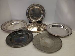 lot 68 image: Collection of Silver Plate Serving Pieces - 3 Trays, 3 Bowl, & Handled Sugar