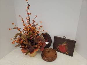 lot 72 image: Carved Wood Candy Dish, Small Wood Frame Wall Mirror, Painting on Wood, and Fall Floral Arrangement in Glazed Pottery Planter 20in T