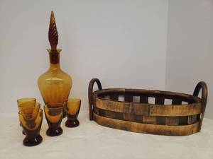 lot 73 image: Vintage Czech Blown Amber Art Glass Bohemian Cordial Set - WineSpirit Decanter with Spire Stopper - 12in T, and 5 Glasses - 2.5in T - with Bent Wood Handled Tray