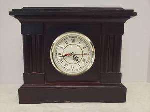lot 76 image: Vintage Empire Design Wood Case Mantle Clock - Battery Operated - 12.5in W x 4in D x 11in T