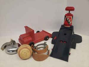 lot 78 image: VIntage Toys Turbo Tower of Power Car Launcher, Wood Truck, Rawlings Little League Baseball, Chrome Peddle Car Bell, & Pair of Leather Strap Spurs