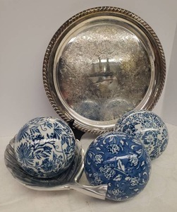 lot 82 image: Set of 3 Vintage Blue & White Chinoiserie Glazed CeramicCrockery Carpet Balls, Footed Pewter Leaf Dish, and Round Silver Plate Tray 10.25in W