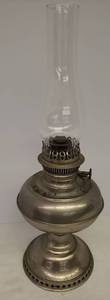 lot 85 image: Antique 1890-1910 B&H Nickel Plated Brass Center Draft Kerosene Lamp with Clear Glass Chimney - 7.25in W x 12in T, Chimney is 10in T