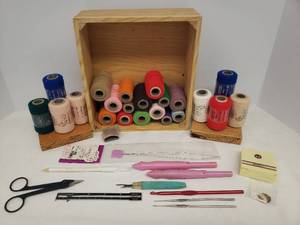 lot 88 image: Collection of Sewing Accessories, Punch Embroidery Tool & Thread - Plus Sewing Scissors, Hem Gauge, CrochetKnitting Needles - in Wood Box