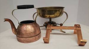 lot 90 image: Vintage Brass ChaffingWarming Stand with Burner, Copper Tea Kettle, and Copper Over-Door HooksHolder