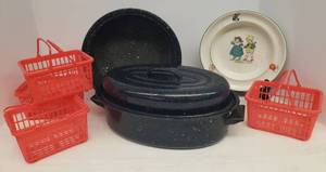 lot 93 image: Vintage Speckle Enamelware Roasters, FruitVegetable Baskets, Vintage Porcelain Childs Bowl Stamped from Brandon, VT