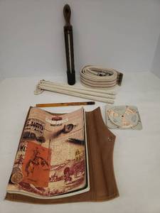 lot 95 image: Medline Gait Belt, 1988 The Marlboro Great Trails Road Atlus, Vintage Wood Kitchen Fold Out Towel Rack, Antique Wood HandleCase Cooking Thermometer from The Refinery Supply Co. in Tulsa, OK, and Vintage Big Pencil from Kansas State Bank in Newton, KS