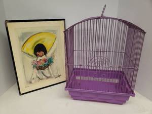 lot 100 image: Vintage 1964 Flower Boy Signed Print by Ted DeGrazia - On Hard Board Wall Plaque 11.75in W x 14.5in T, and Purple Metal Bird Cage 11.5in W x 8.5in D x 15.5in T