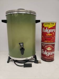 lot 107 image: Vintage West Bend Percolator Model #23525 - Avocado Green - 30 Cup Capacity - Works and 2 Vintage Folgers Coffee Tins
