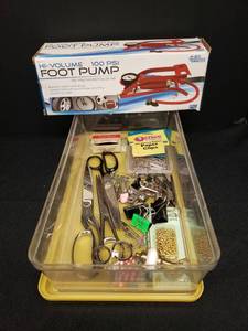 lot 110 image: Offfice Supplies Storage Tote, Scissors, Paper Clips, Light Chain, Safety Pins, Large Clips, and NIB Air Master Hi-Volume 100 PSI Foot Air Pump
