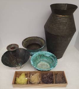 lot 112 image: Vintage Copper & Metal Planters, Candle Bowl, Large Ribbed Rustic Metal Vase 13.5in T, and NIP Fall Leaf Floater Candles