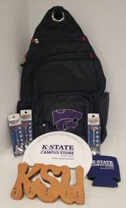 lot 118 image: KSU Power Cat Black Canvas Backpack, Wood KSU Key Rack, Frizbee, Coozie, and 3 NIP Power Cat Collector Spoons