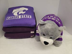 lot 119 image: Vintage KSU Wildcat Pillow Pets Travel Pillow, Power Cat Pillow, and 2 Solid Purple Sqush Mini Foam Bead Stress Pillows