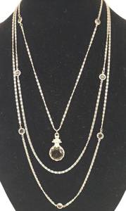 lot 124 image: Vintage 1970s Triple Strand Silver Tone Chain Necklace with Smoky Quartz Drop Pendant 34in L & Clear Crystals, and Matching Smoky Quartz Clip Earrings 1 18in T