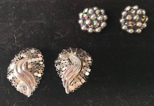 lot 127 image: Vintage 1950s Estate Jewelry Nautilus Design Mutli Facet Polished Silver Metal Clip Earrings - 1.5in T, and Round Gloss Gun Metal Faux Pearl & Multi Aurora Borealis Glass Bead Clip Earrings - 1in W