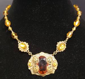 lot 123 image: Antique Czech Art Deco Amber Glass & Brass Filigree Beaded Statement NecklaceClasp - 17 L - Stamped CZECHO-ZLOV - Beautiful 1930s Deco Jewely Piece