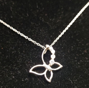 lot 132 image: STERLING SILVER and Faceted CZ Stone Butterfly Pendant Stamped 925 on Fine Chain Link 18in Rope Necklace - Stamped 925 Italy