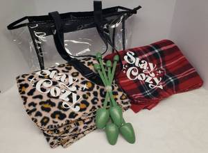 lot 138 image: 2 Light Weight Fleece Lap Blankets PinkLeopard & RedBlack Plaid, Clear SatchelTote Bag with Black Trim, and Vintage WoodMetal Shoe Stretchers
