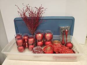 lot 140 image: Large Collection of Red Christmas Decoratrions Mercury Glass Drop Ornaments, Large Acrylic Ball Ornaments, Glitter Berry Picks, Mesh, BowRibbon, New Glitter Garland, Table Topper Fabric, and Sterilite Storage Tub