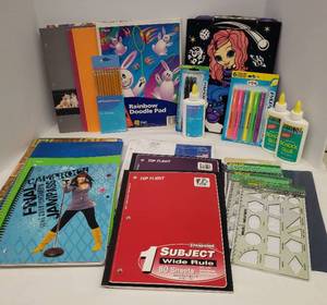 lot 143 image: School Supplies - Pens, Pencils, Notebooks, Loose Leaf Paper, Folders, Glue, Highlighters, NIP HELIX GeometryCircleEllipse Templates, and Clipboard