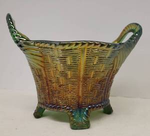 lot 145 image: Antique Northwood Green Carnival Glass Bushel Basket Pattern Candy Dish - Double Handled - 4 Footed - Circa 1910 - N Maker Stamp on Bottom - 6in W x 4.75in D x 4.5in T
