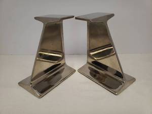 lot 147 image: Vintage Pair 1950s Kaiser Nickel Plated Steel I-Beam Bookends - 5in L x 3.25in W x 6inT