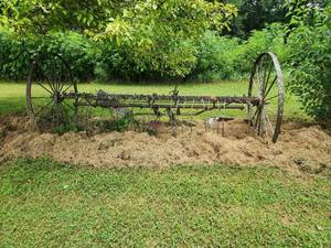 lot 57 image: Antique Horse-Drawn Hay Rake with Large Spoked Wheels