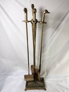 lot 87 image: Vintage Brass Duck Head Fireplace Tool Set with Stand 5 Piece Set