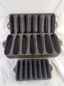 lot 95 image: Vintage Cast Iron Corn Bread Molds 7-Cavity Lot of 6 Pieces Wagner Ware