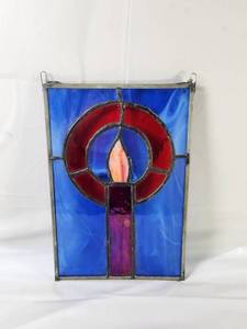 lot 100 image: Leaded Stained Glass Window Panel Candle Design Blue Red 7.5 x 11 inches