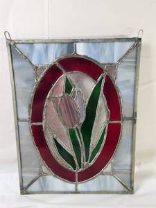 lot 101 image: Leaded Stained Glass Window Panel Tulip Design Red Green 9 x 12 inches