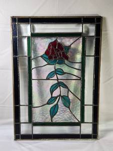 lot 102 image: Leaded Stained Glass Window Panel Red Rose Green Leaves Design Black Boarder Neat
