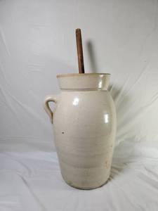 lot 112 image: Antique Stoneware Butter Churn with Original Lid &amp Wooden Dasher